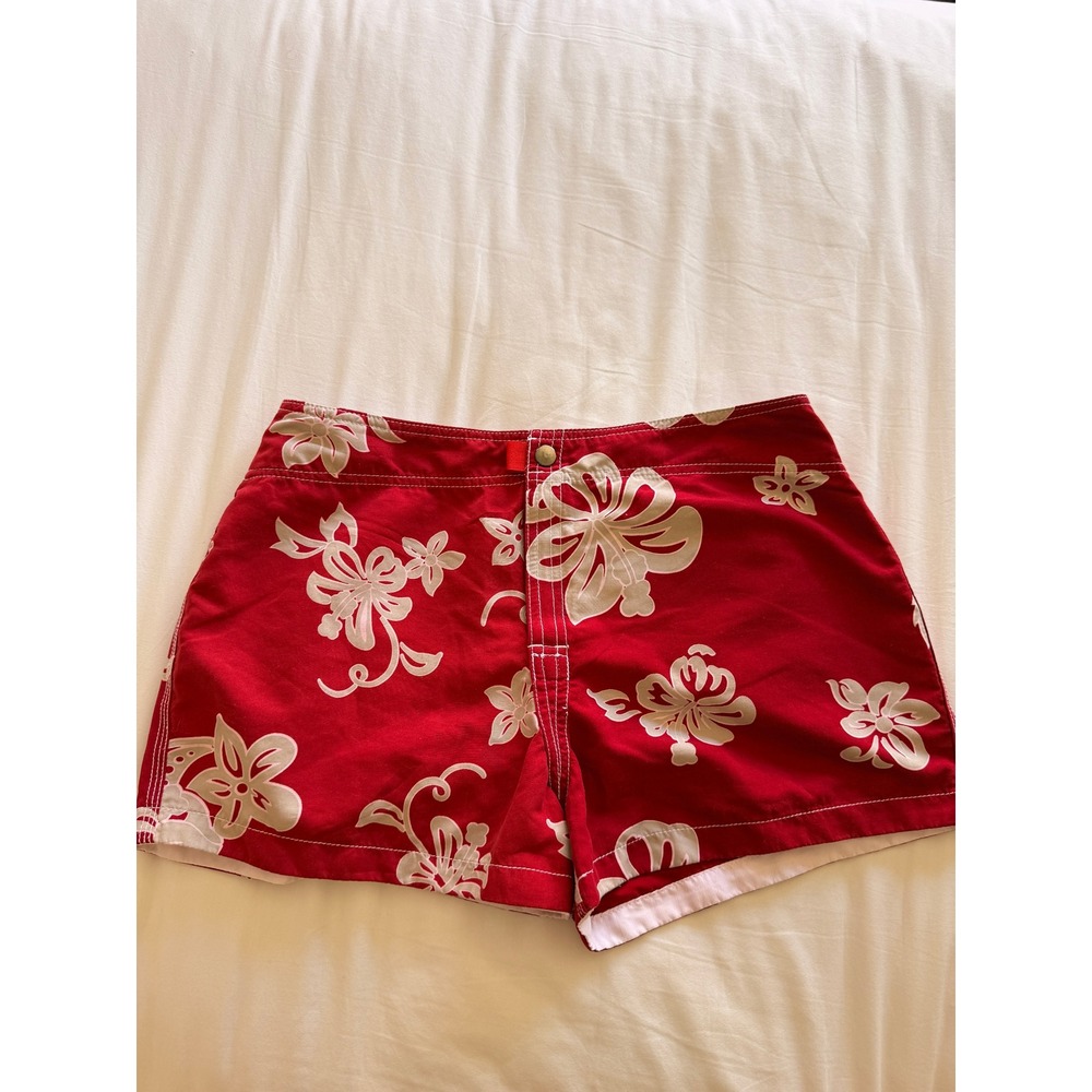 Red Tropical Hibiscus Floral Board Micro Shorts Swim with Back Pocket Women L